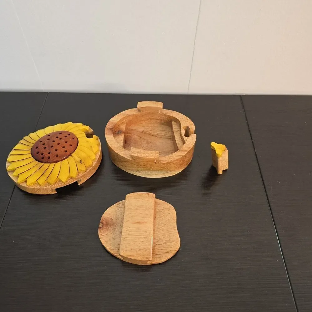 Handcrafted Wooden Sunflower Shape Secret Jewelry Puzzle‎ Box